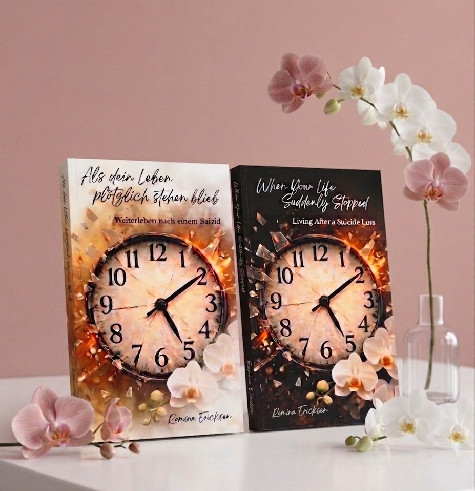 Deutsche und englische Ausgabe des Herzwärts-Buches „Als dein Leben plötzlich stehen blieb“ und „When Your Life Suddenly Stopped“ nebeneinander dargestellt.
